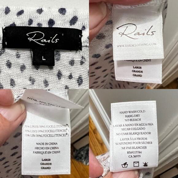 RAILS Sami Drop Shoulder V-neck Linen Blend Tee White Black Leopard Spots LG - Picture 3 of 8